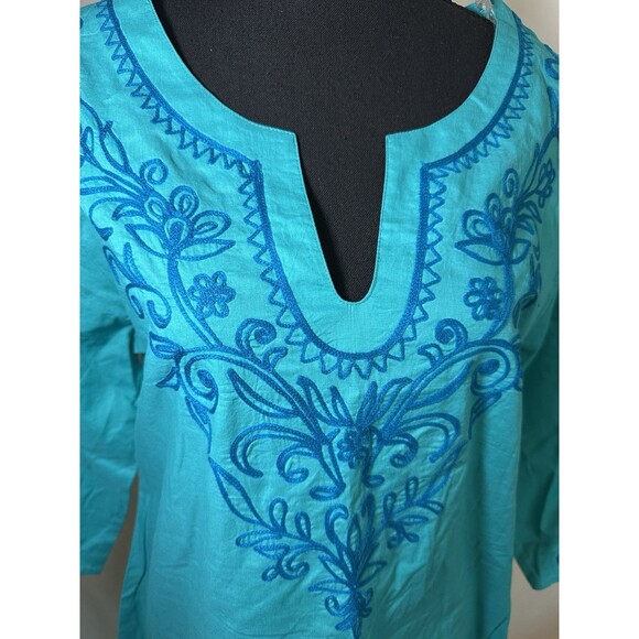 Chances R Blue Embroidered‎ 3/4 Sleeve Cotton Tunic Blouse Resort Wear Women's - Picture 6 of 15